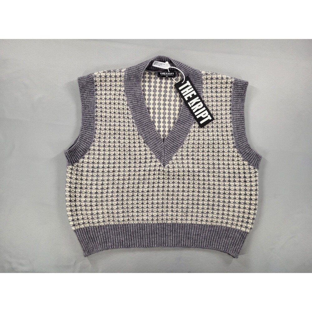 THE KRIPT Gray Geometric Knit V-Neck Sweater Vest - Sz S (65% Wool / 35% Cotton